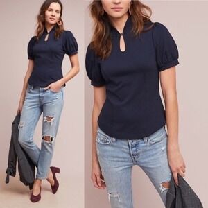 Anthropologie Ett:Twa Navy Gresham Top Size S Puff Short Sleeve Keyhole Casual